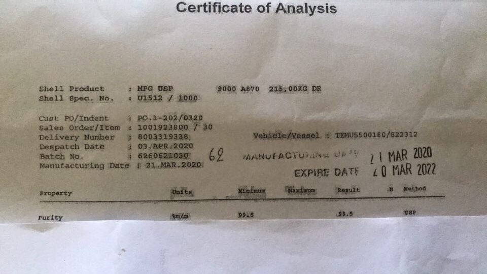 Certificate of analysis ของสาร PG Propelene Glycol